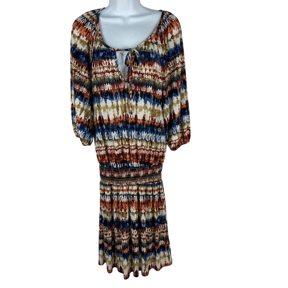 Veronica M Womens Boho Tie-Dye Dress With 3/4 Sleeves & Smocked Waist - Medium